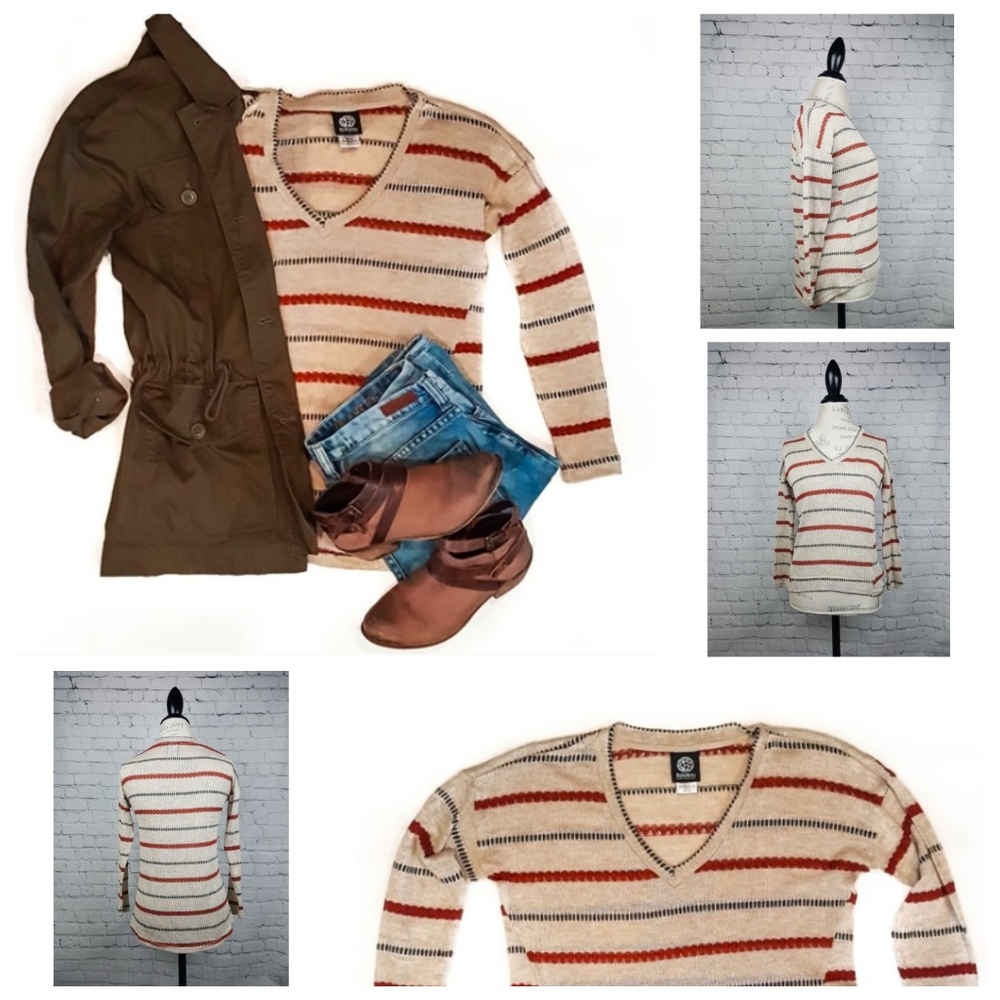 Striped High-Low Knit V-neck Sweater